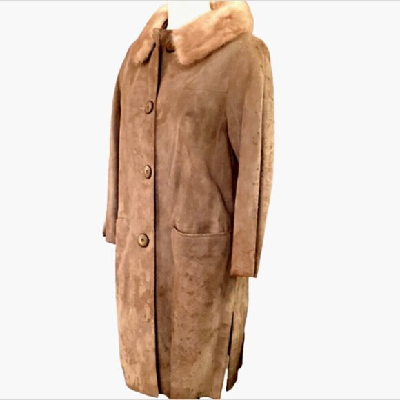 VTG 1960s Women's Suede Coat Mink Fur Collar Sz 10 Camel/Tan #265F - Picture 5 of 9